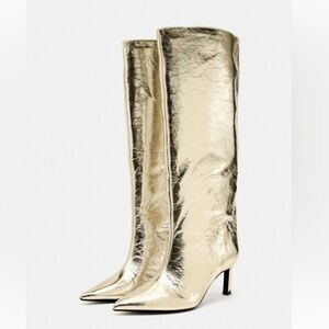 Zara Metallic Gold Wrinkle Tall Knee High Boot NWOT Size 6